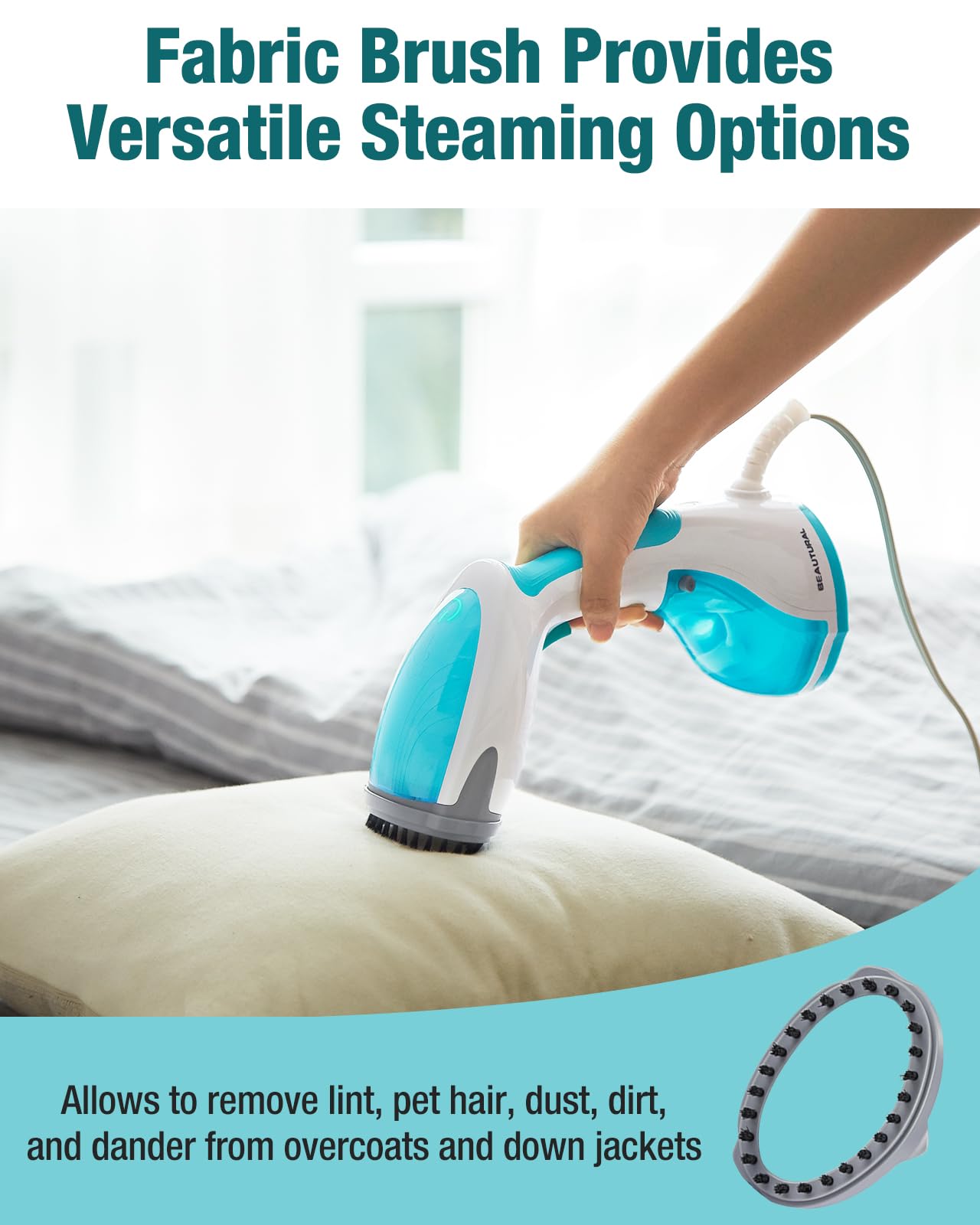 BEAUTURAL steamer packed in suitcase illustrating portable travel-friendly benefit