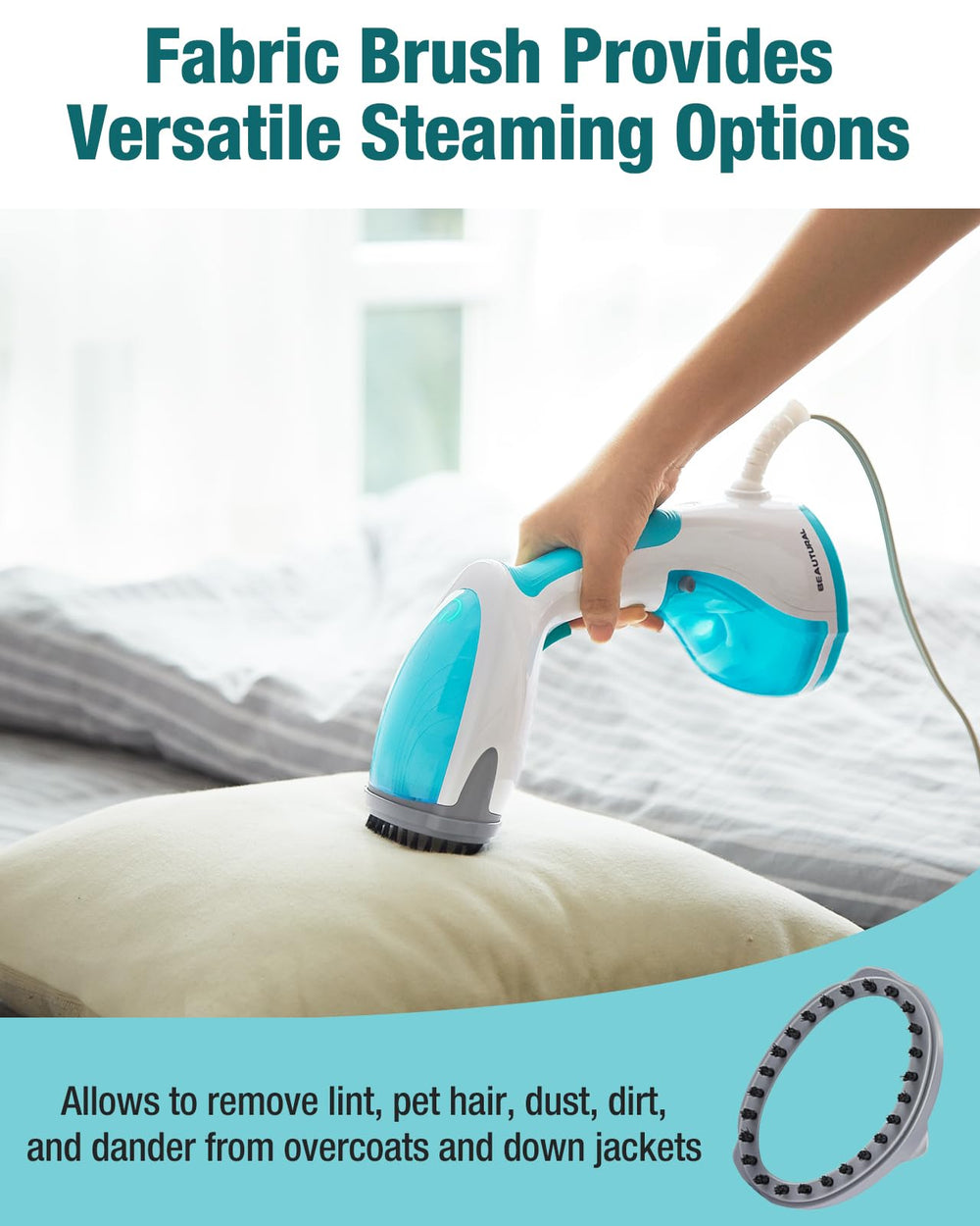 BEAUTURAL steamer packed in suitcase illustrating portable travel-friendly benefit
