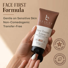 Beauty by Earth face tanner application on hand illustrating easy, streak-free blending benefit