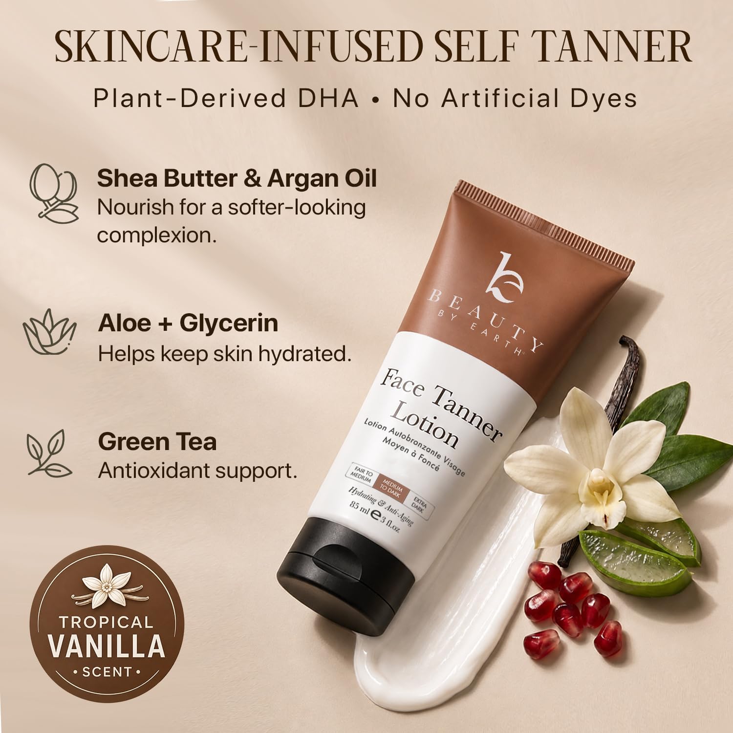 Beauty by Earth face tanner before and after portrait showing subtle sun-kissed result benefit