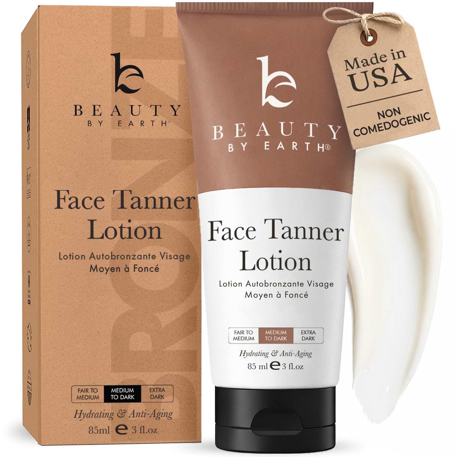 Beauty by Earth face tanner front bottle showing clean packaging and natural branding benefit