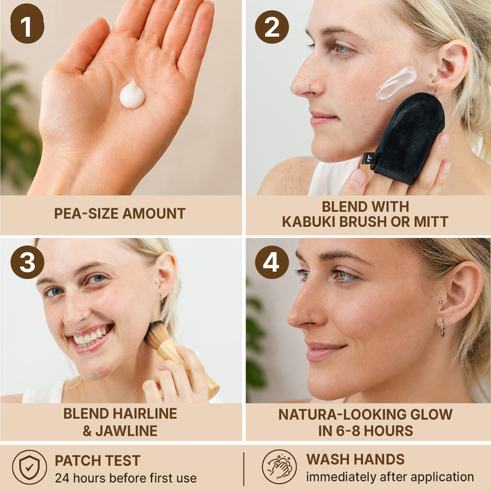 Beauty by Earth face tanner label detail highlighting made in USA and ingredient claims benefit