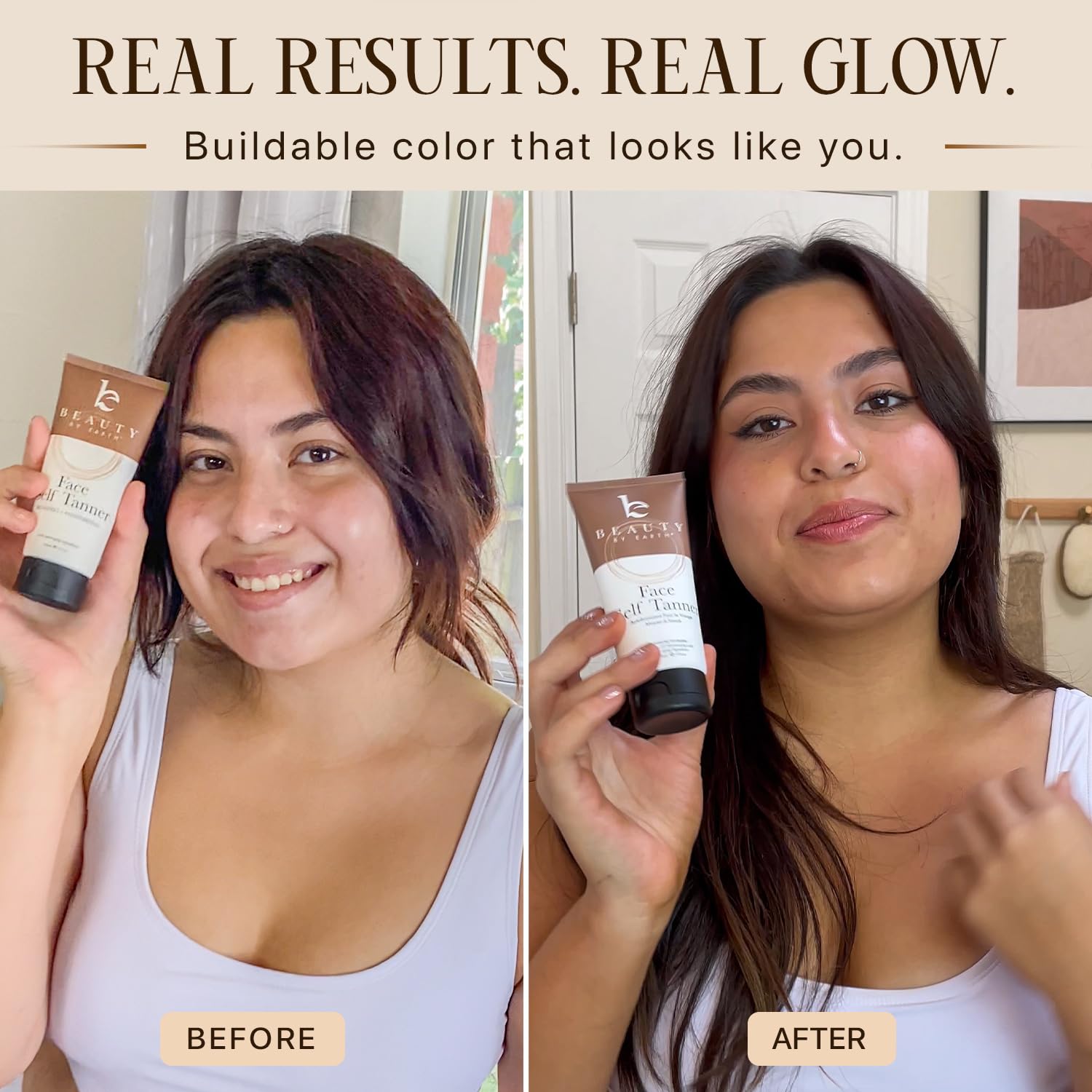 Beauty by Earth face tanner next to common objects showing size and portability benefit