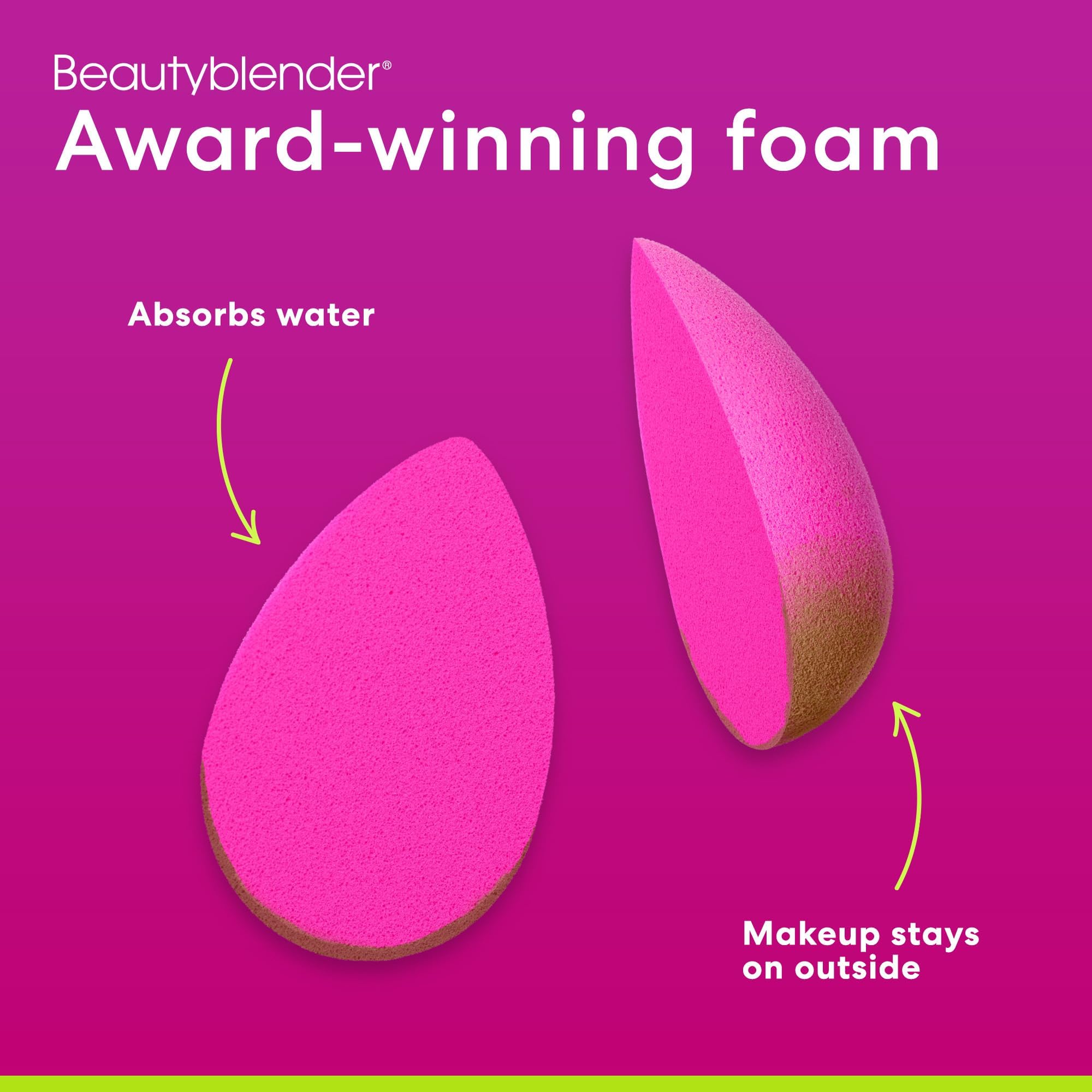beautyblender applying foundation on model showing streak-free, buildable coverage benefit