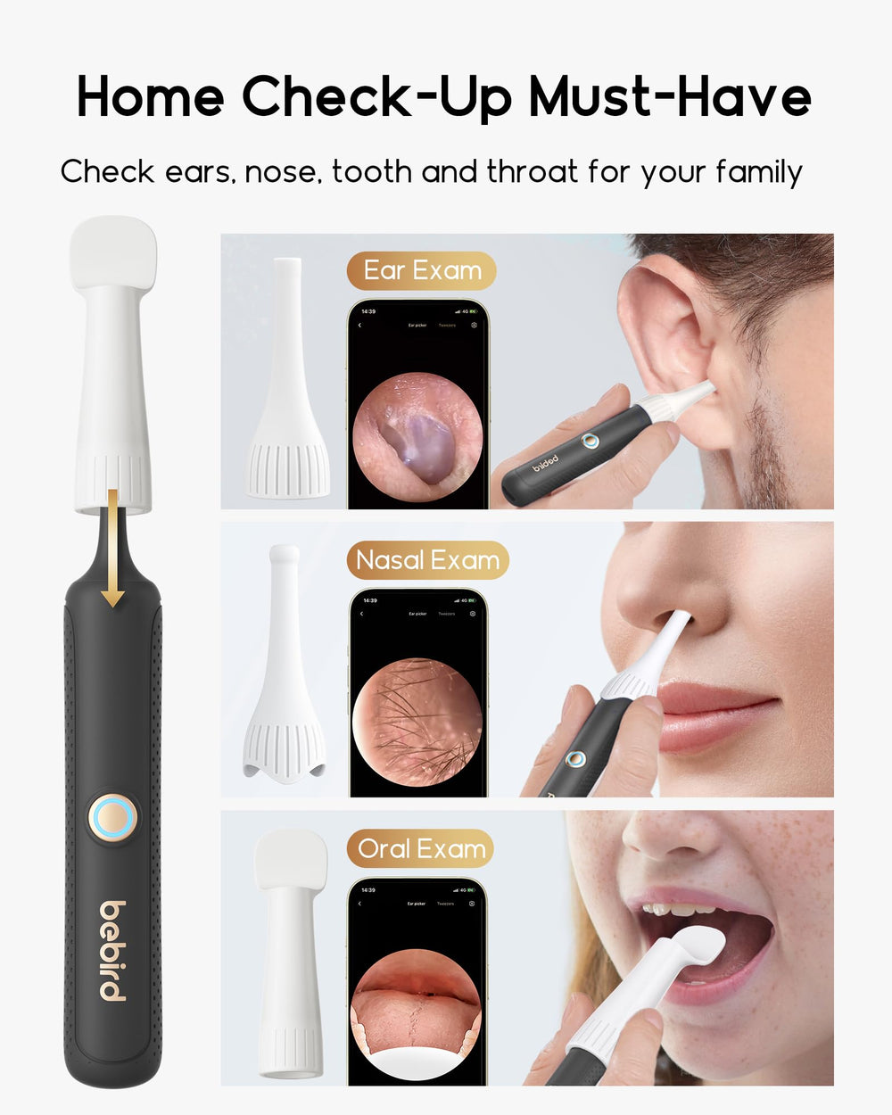 BEBIRD family checking ear with device, makes home exams less stressful