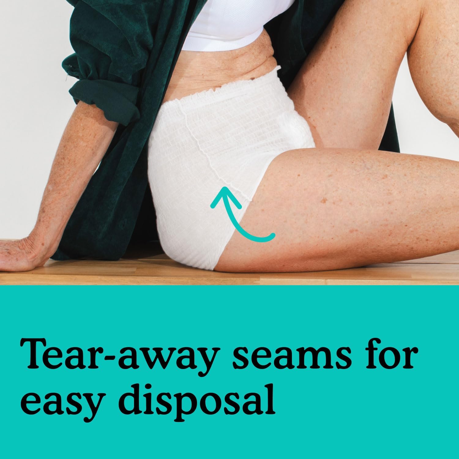 Because in-use nighttime bed scene showing discreet, comfortable protection