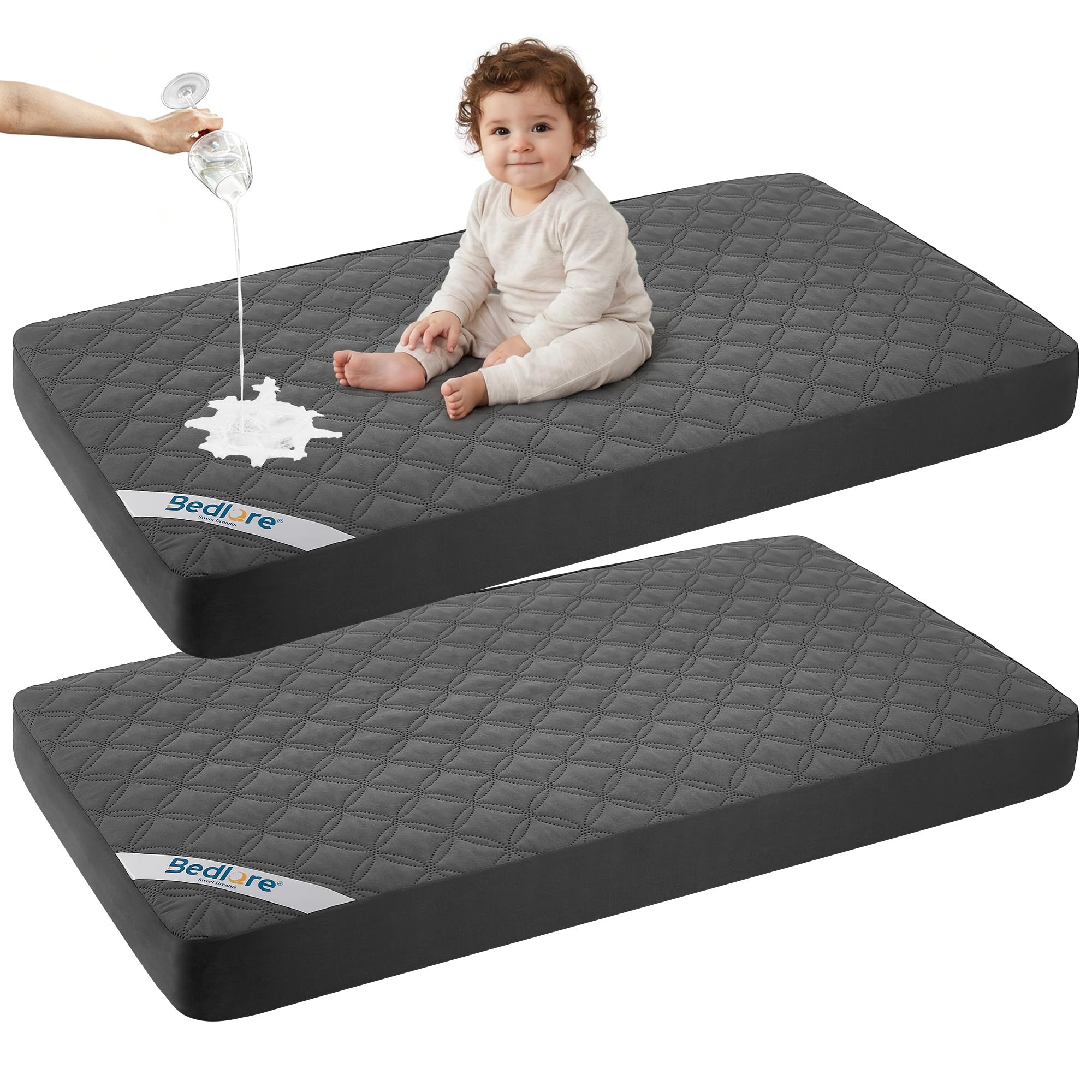 BEDLORE front view of two-pack protector showing packaging and fit benefit