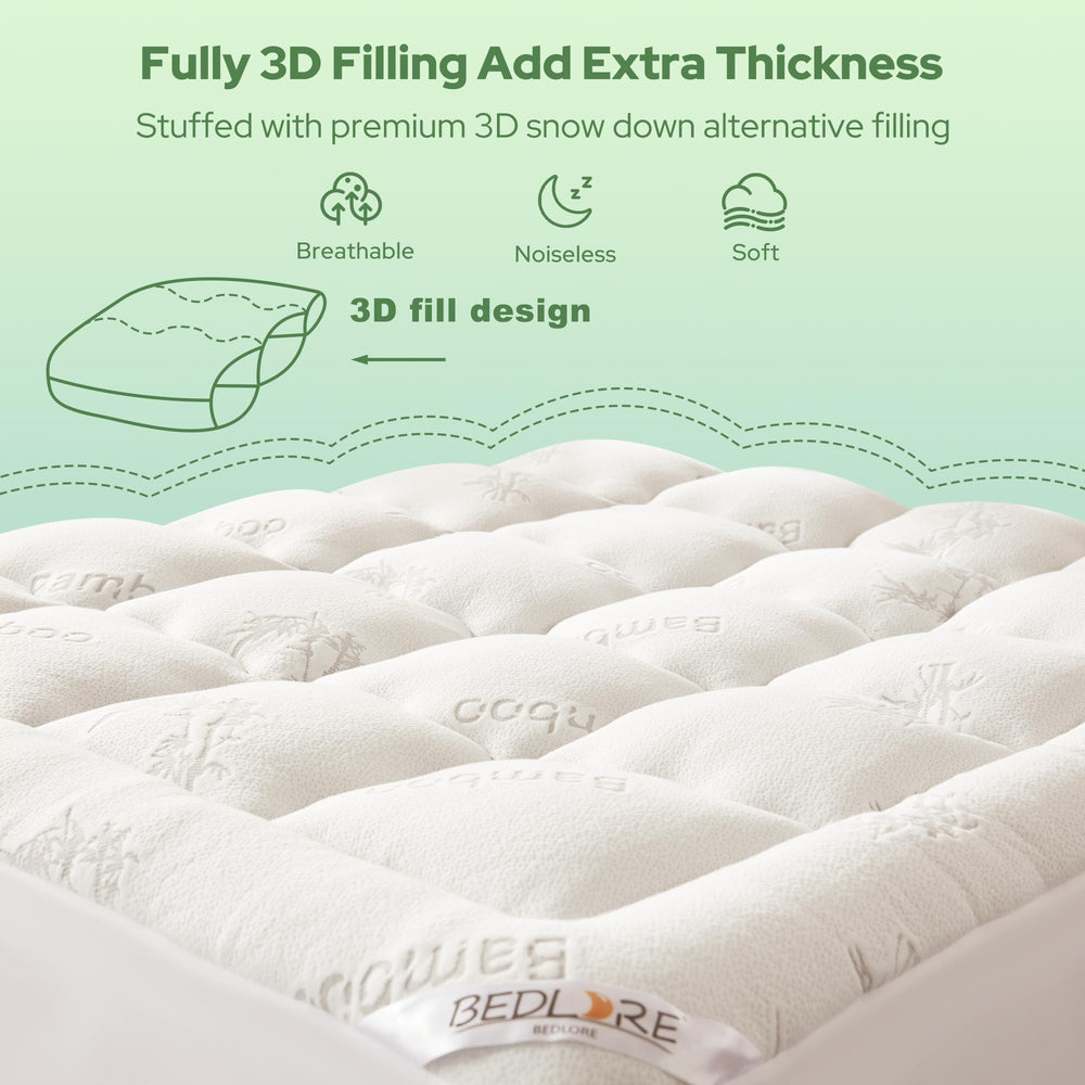 BEDLORE side view showing topper loft and cushioning that adds surface plushness