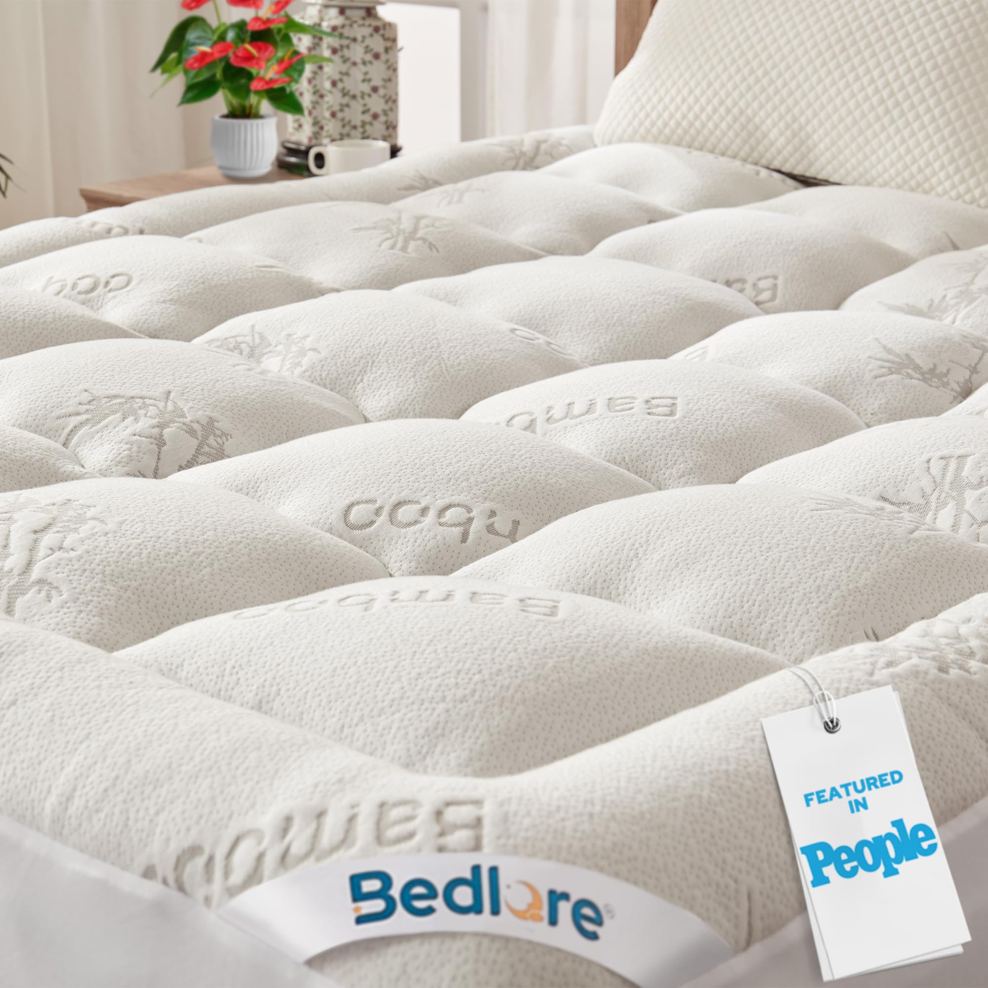 BEDLORE front view of queen topper showing plush pillow-top and neat finish for comfort