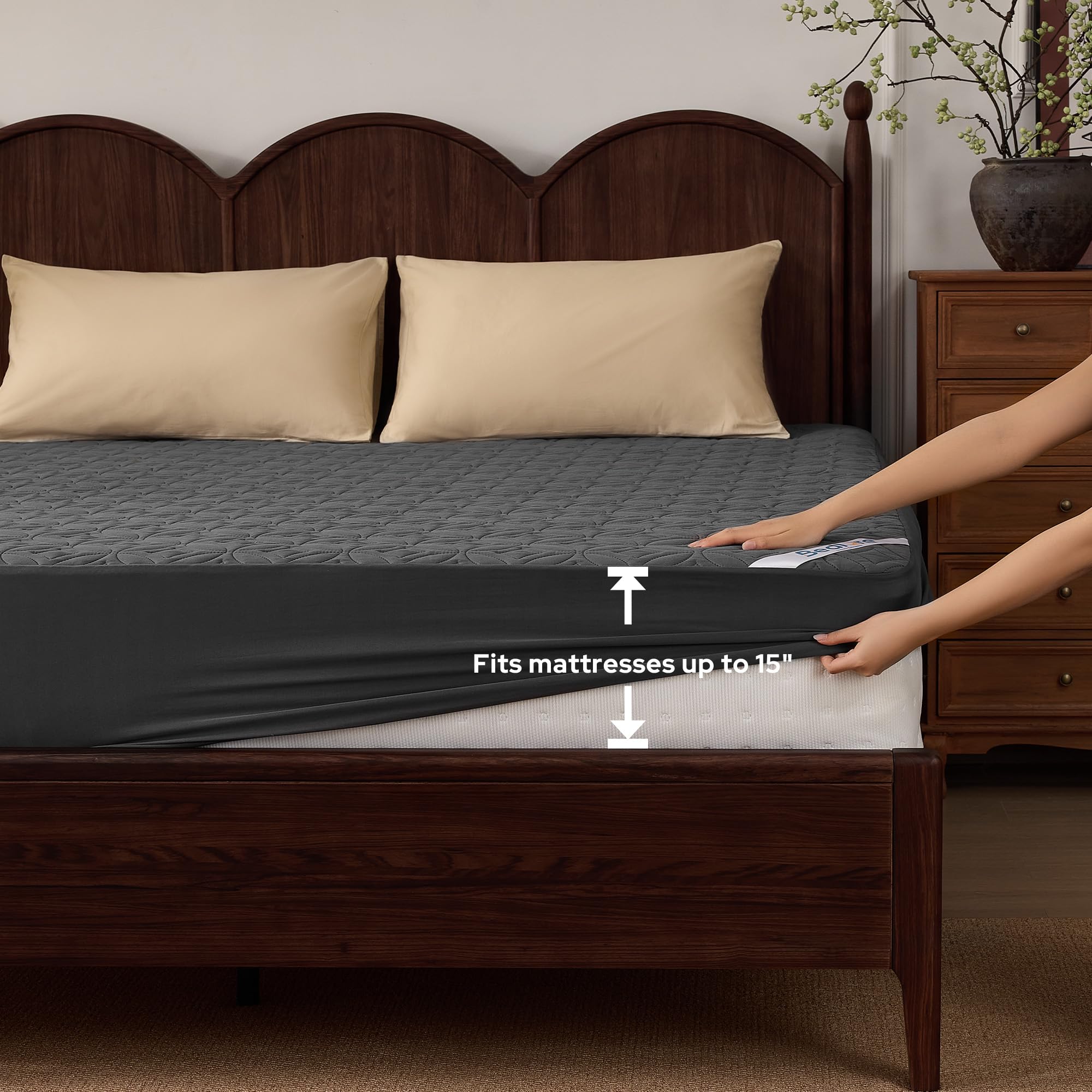 BEDLORE protector beside ruler showing scale and full mattress coverage