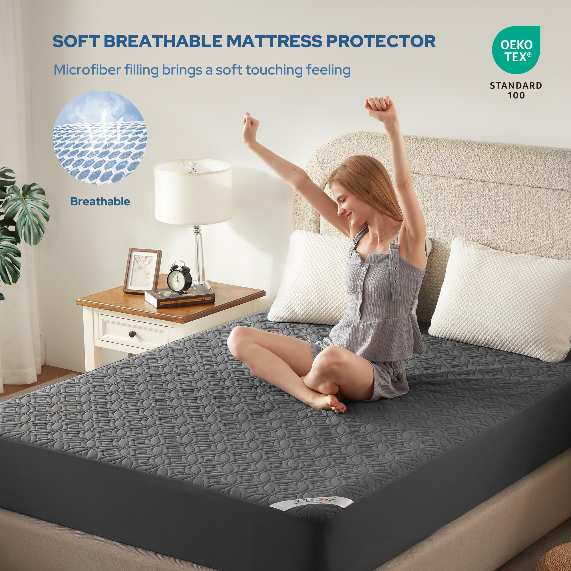 BEDLORE elastic skirt wrapped around thick mattress demonstrating deep fit