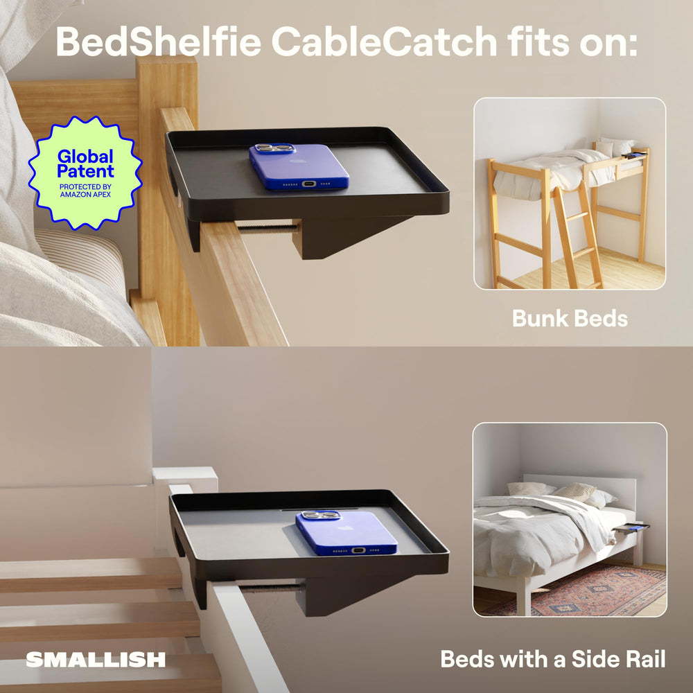 BedShelfie clamp underside and measurement demonstrating secure 2.8 inch fit
