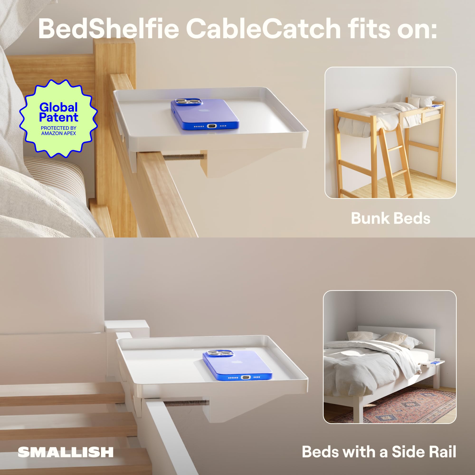 BedShelfie integrated cup holder detail showing secure drink placement by BedShelfie