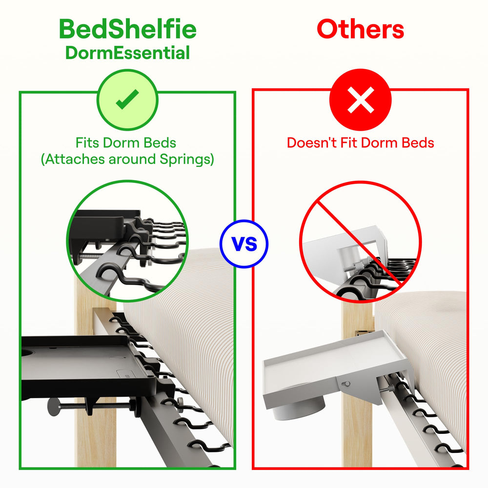 BedShelfie accessories arranged showing cup holder phone stand and J-hooks