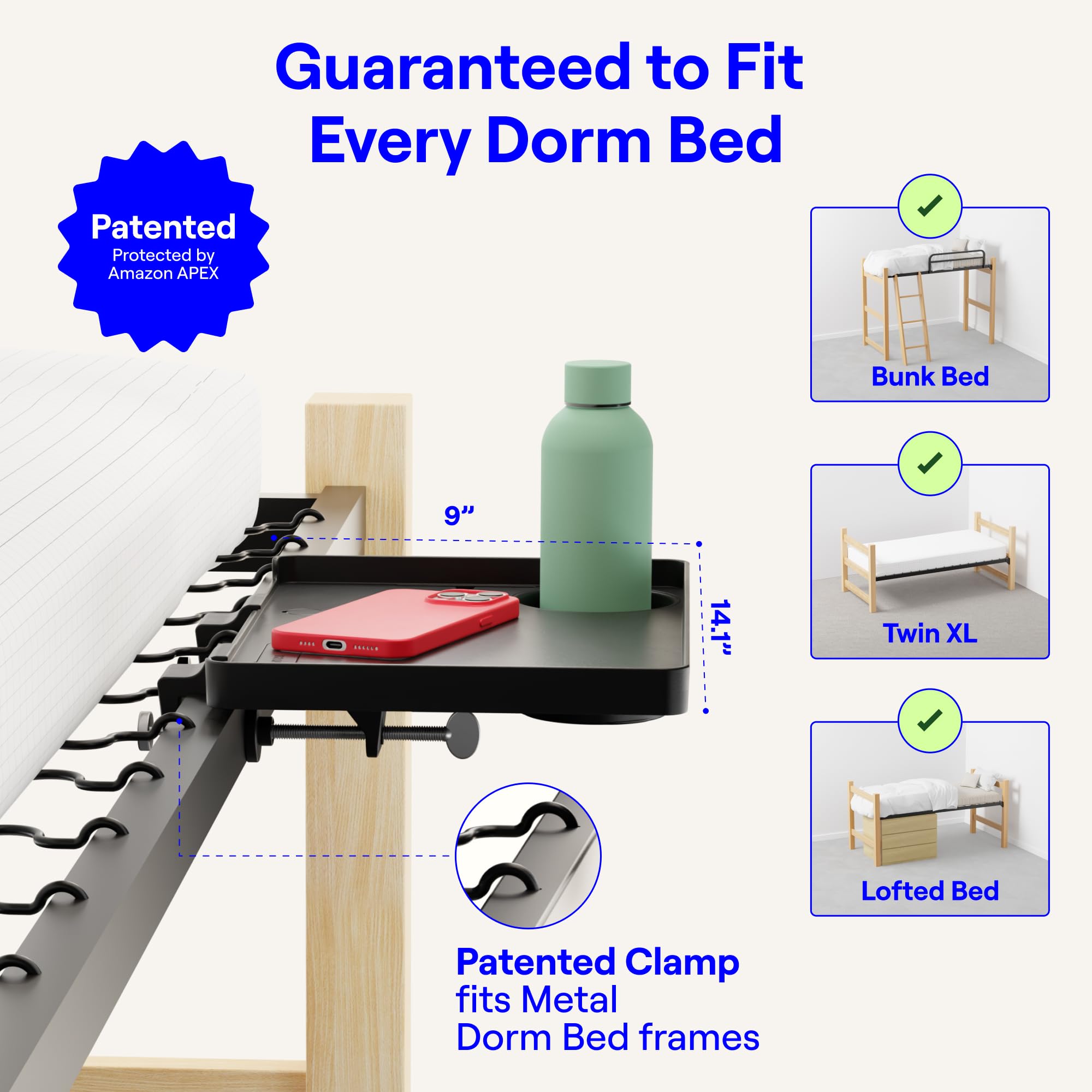 BedShelfie clamp detail demonstrating secure tool-free attachment benefit