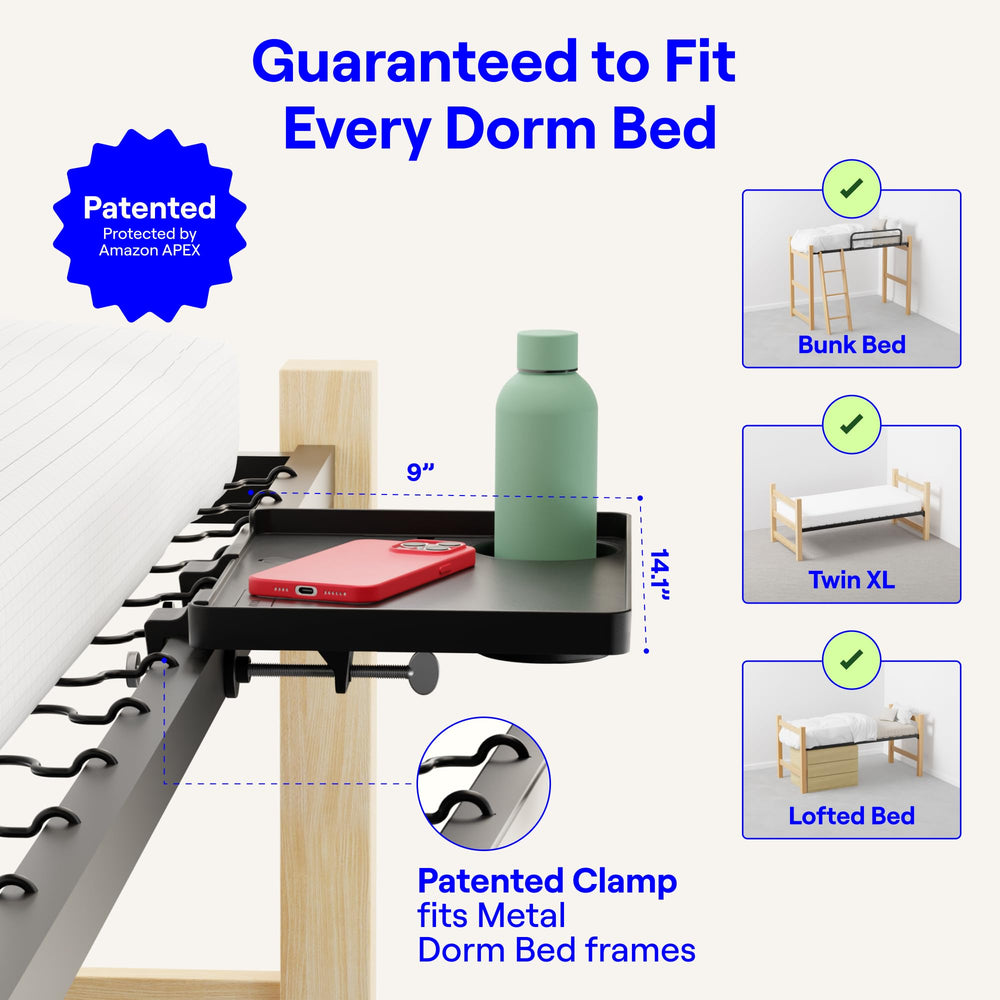 BedShelfie clamp detail demonstrating secure tool-free attachment benefit