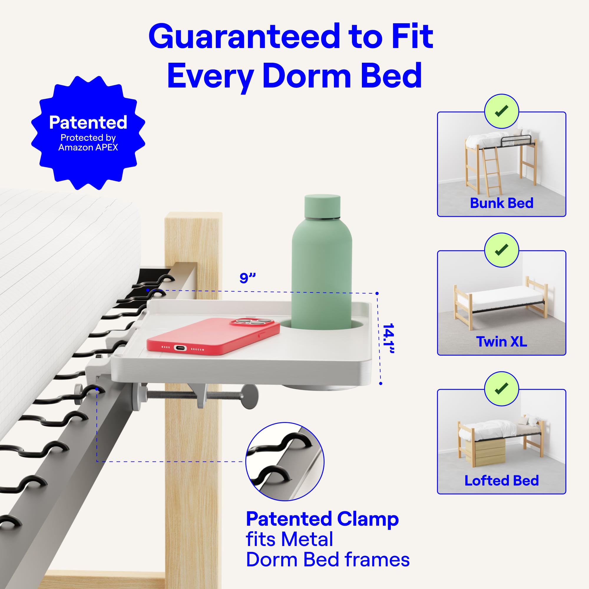 BedShelfie close-up of 2.0 inch clamp demonstrating secure attachment to bed rail