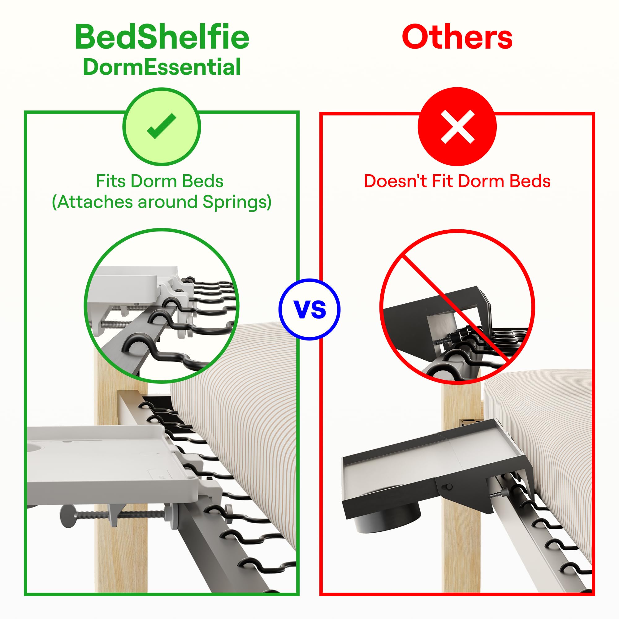 BedShelfie modular accessories displayed with cup holder phone slot and j-hooks for organization