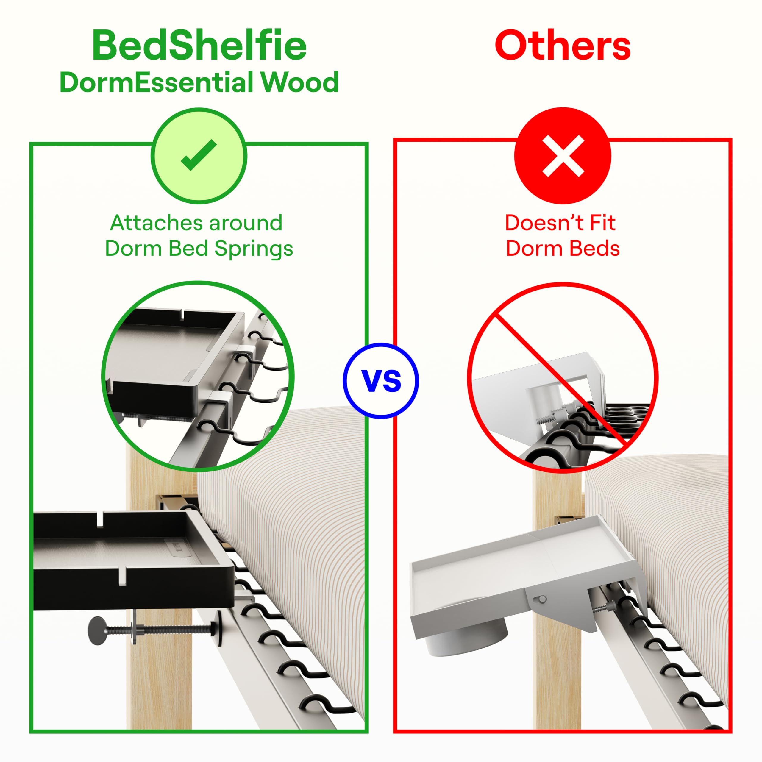 BedShelfie DormEssential Wood mounted on top bunk providing secure bedside surface