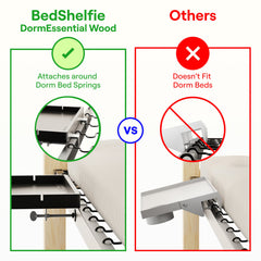 BedShelfie DormEssential Wood mounted on top bunk providing secure bedside surface