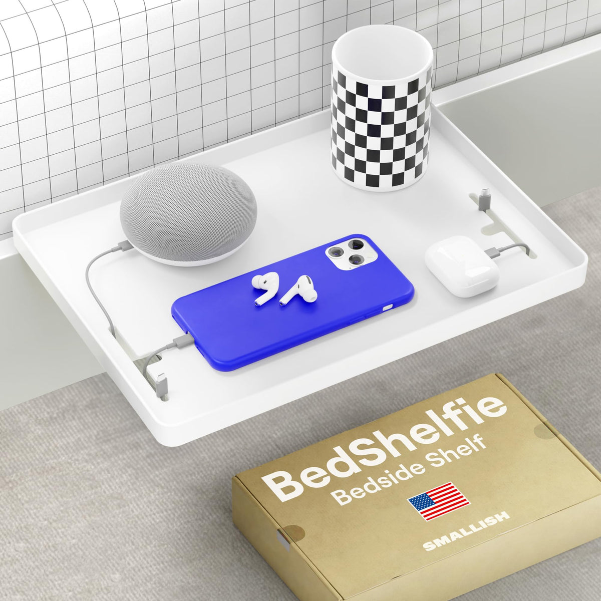 BedShelfie front view in white showing tidy bedside surface and accessibility