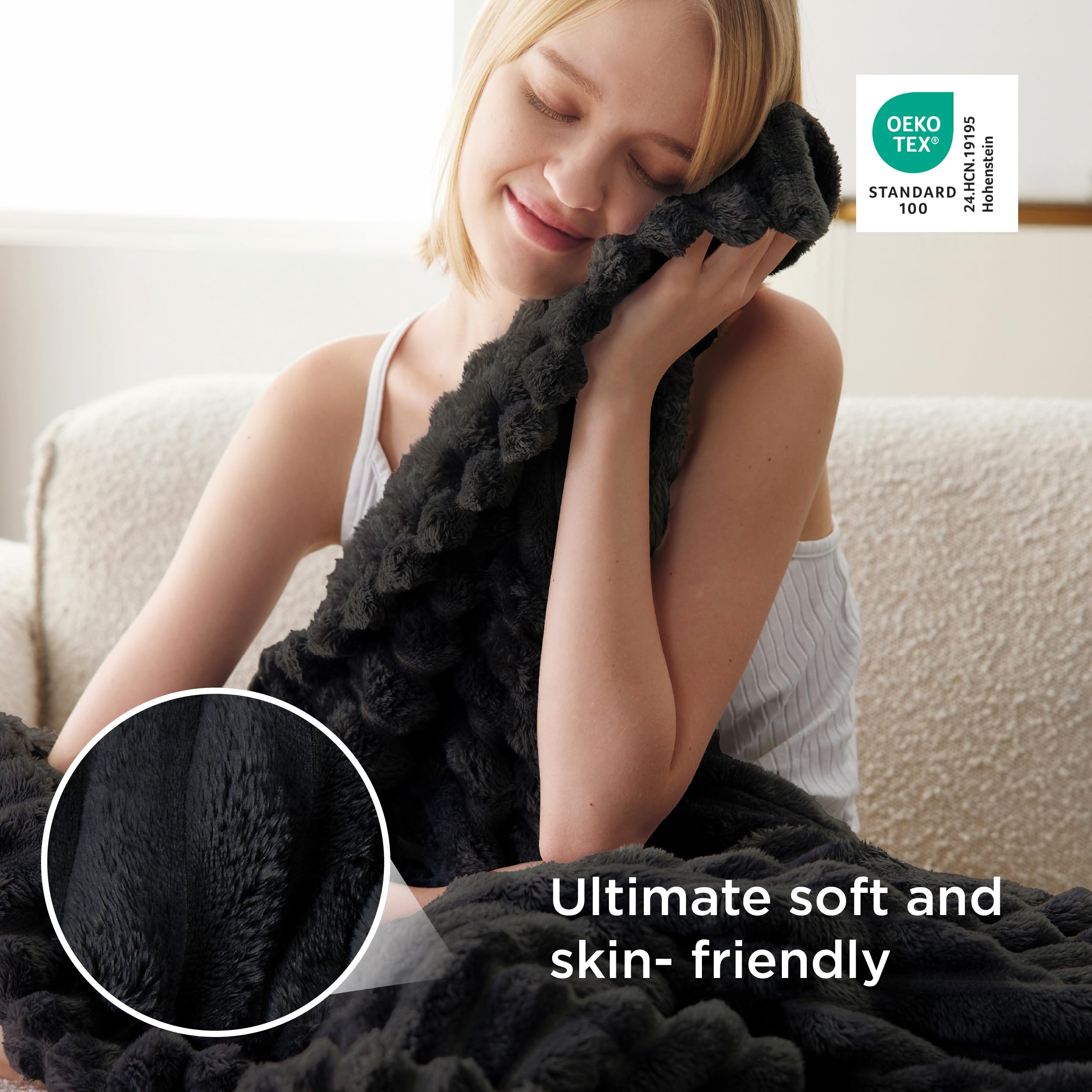 Bedsure black throw beside ruler shows 50x60 size for lap and bed coverage benefit