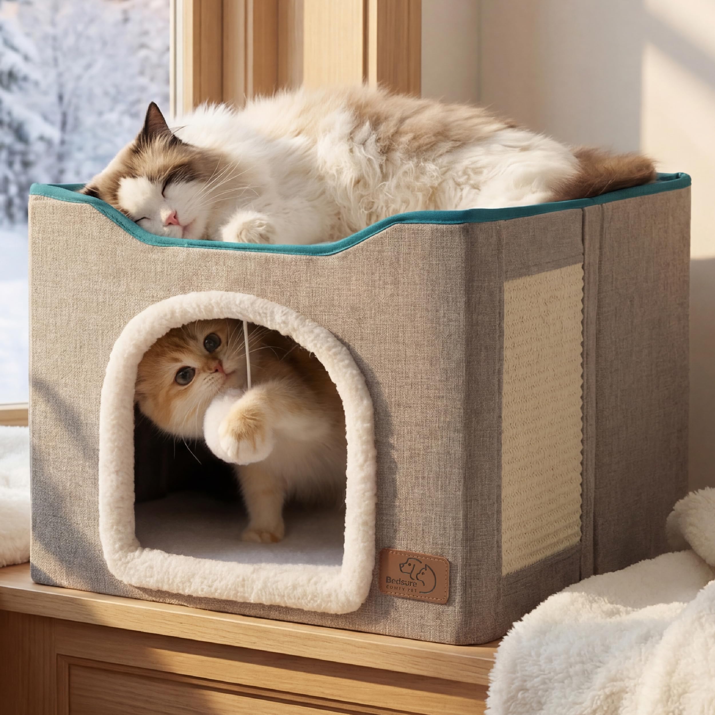 Bedsure front view of cat house showing cozy entry and top perch benefit comfort