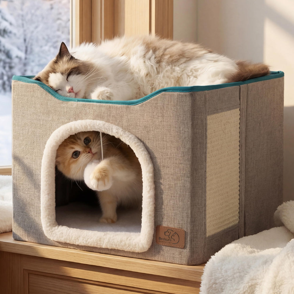 Bedsure front view of cat house showing cozy entry and top perch benefit comfort