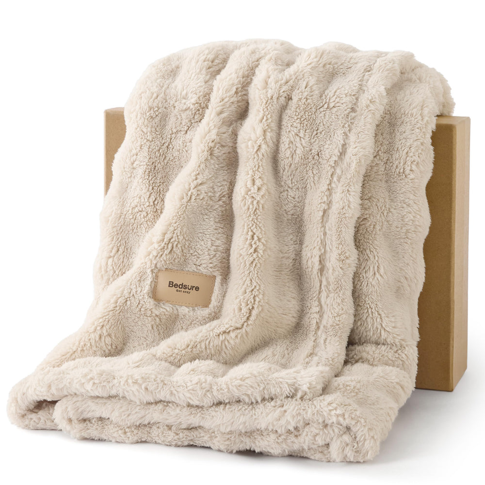 Bedsure front view of beige throw showing cloud bubble texture and drape benefit
