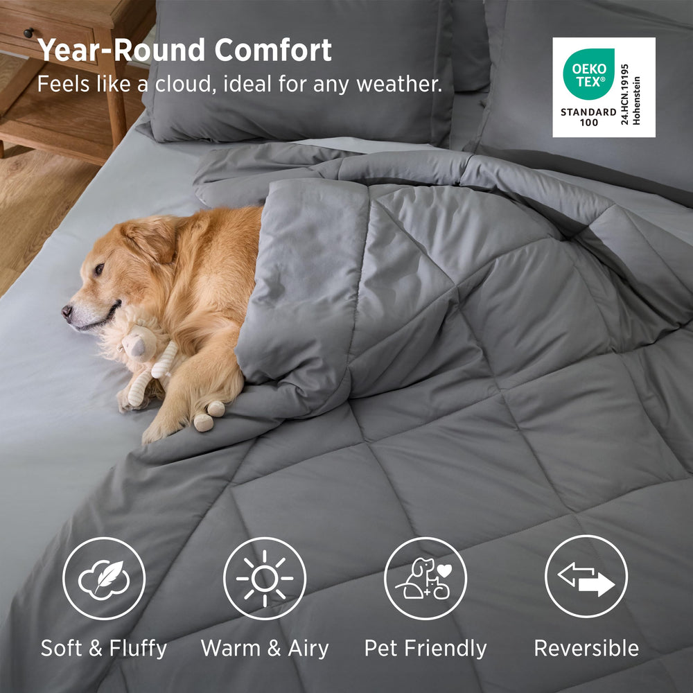 Bedsure close-up of quilted comforter texture showing plush microfiber and durability benefit