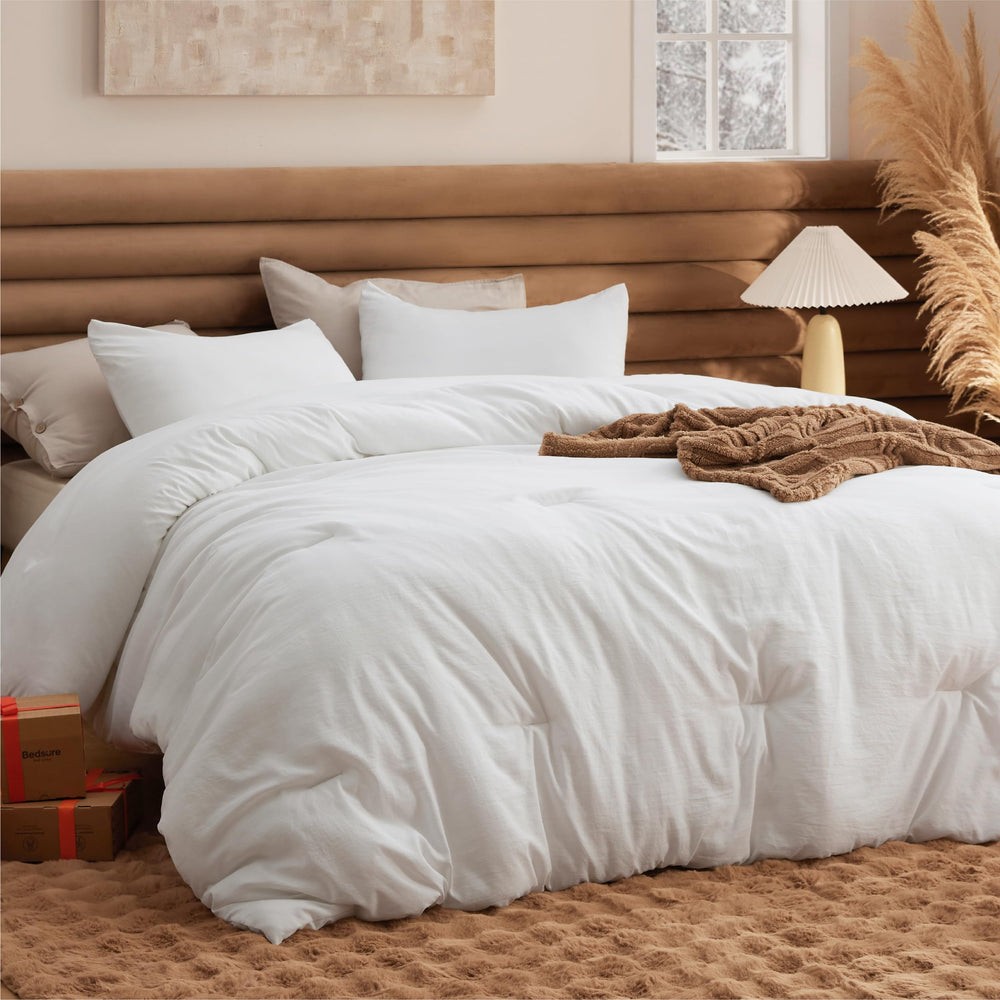 Bedsure front view of white queen comforter showing full coverage and neat finish