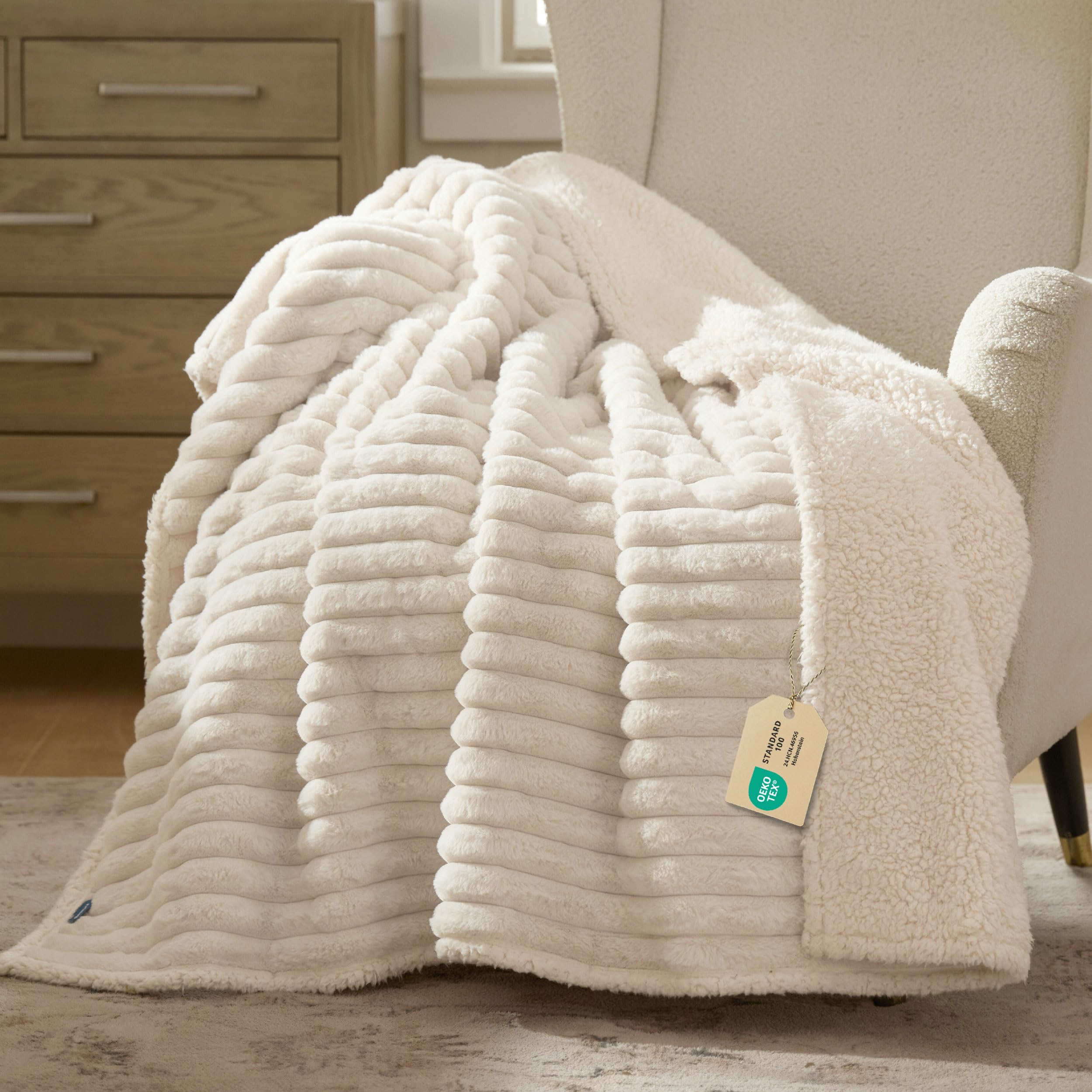 Bedsure front view cream blanket showing full coverage and comfort