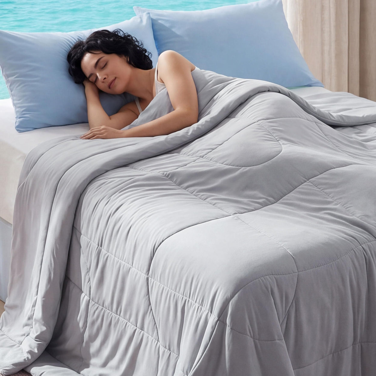 Bedsure cooling comforter front view showing full queen coverage and cooling benefit