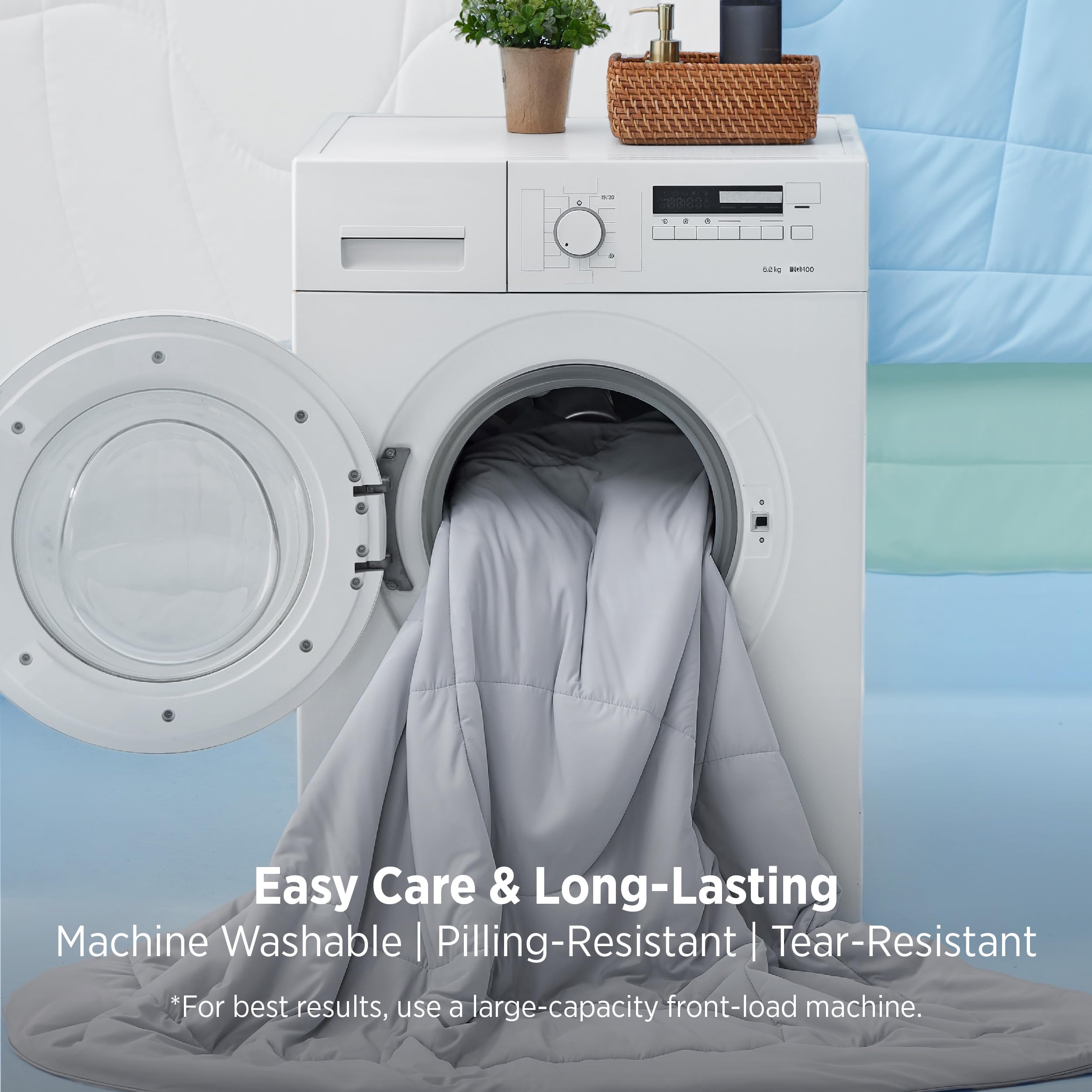 Bedsure comforter care label photo indicating machine-washable, easy-care performance