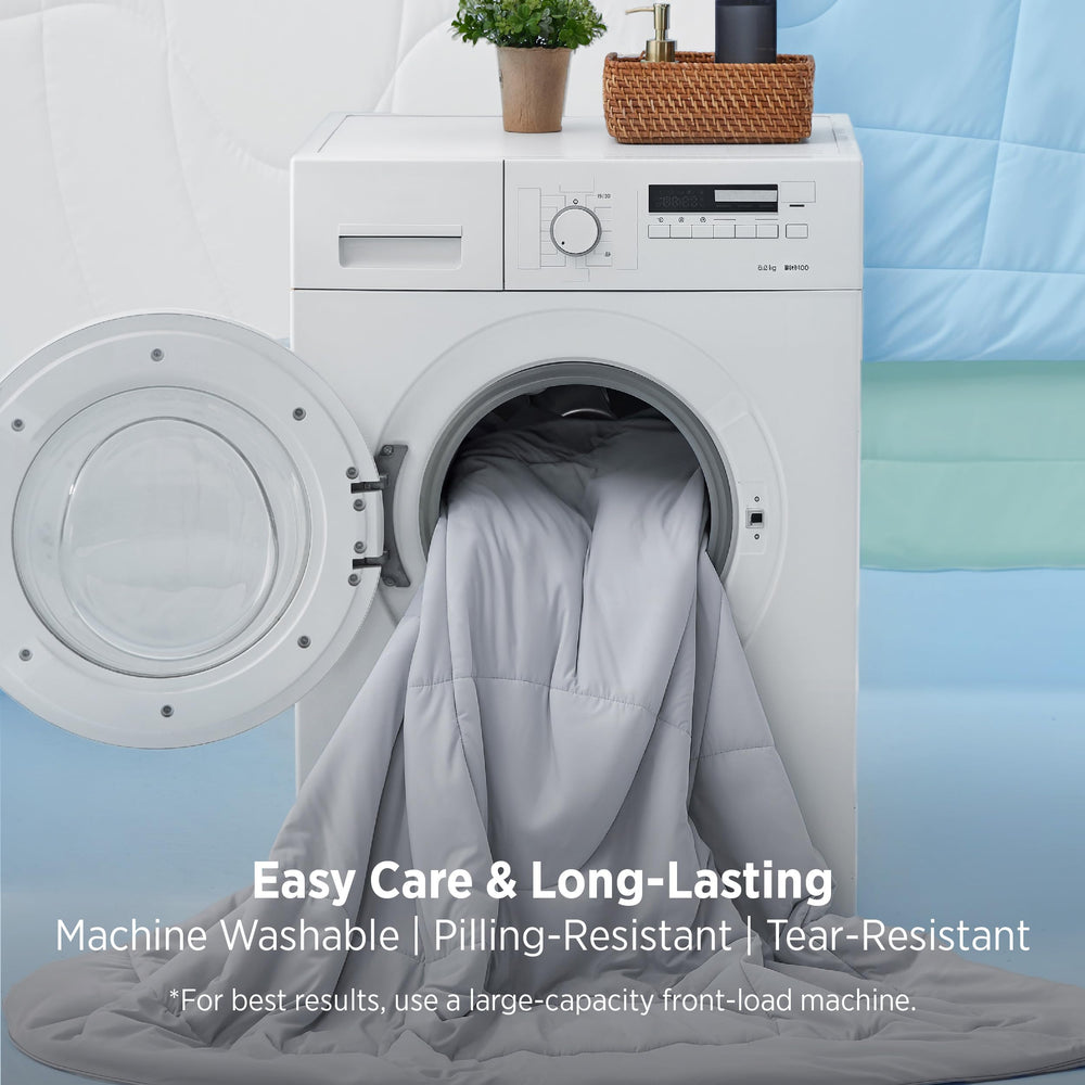 Bedsure comforter care label photo indicating machine-washable, easy-care performance