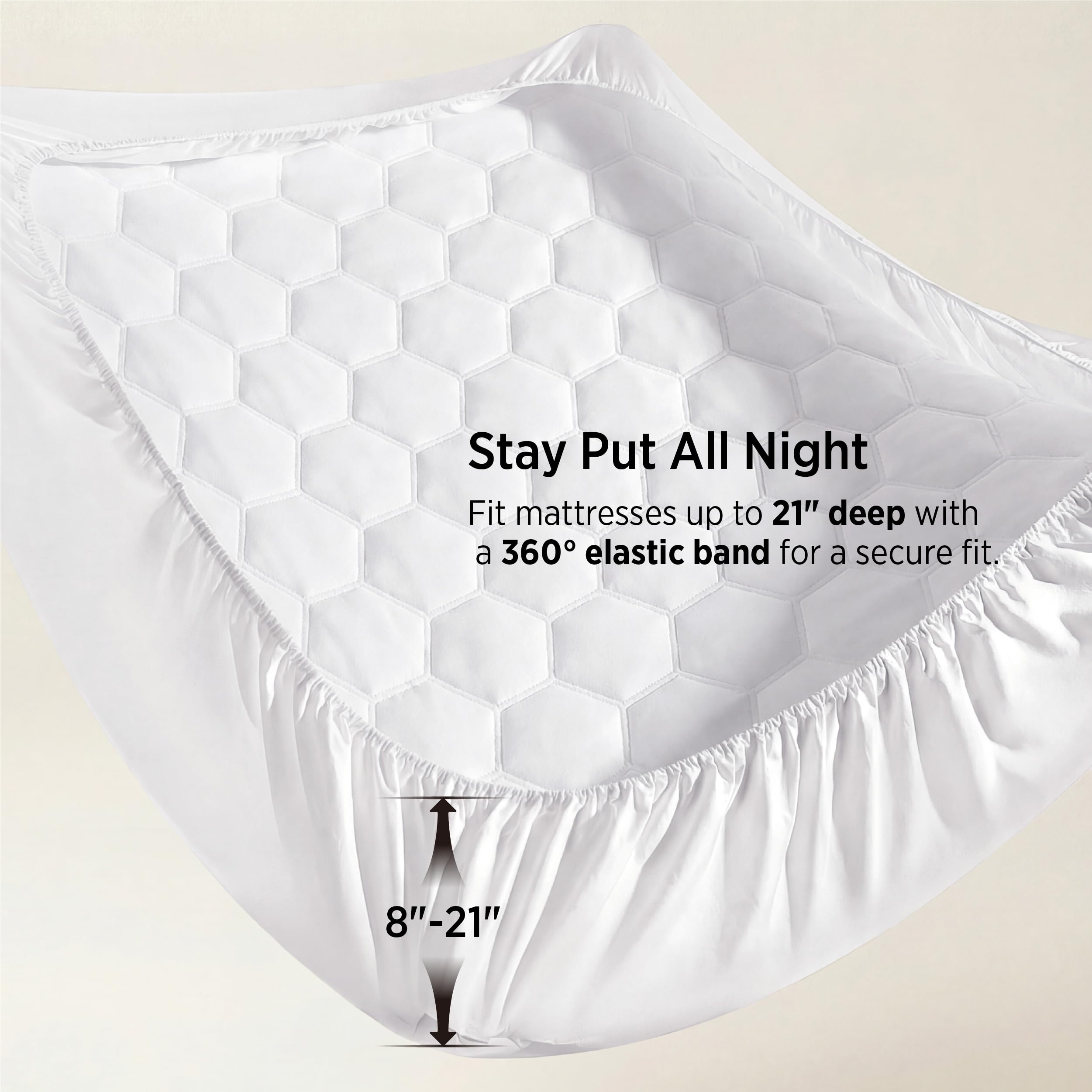 Bedsure elastic skirt stretched to show 8–21 inch deep pocket fit