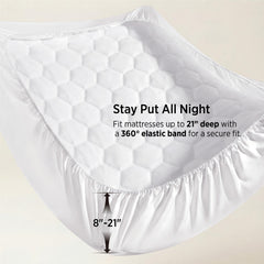 Bedsure elastic skirt stretched to show 8–21 inch deep pocket fit