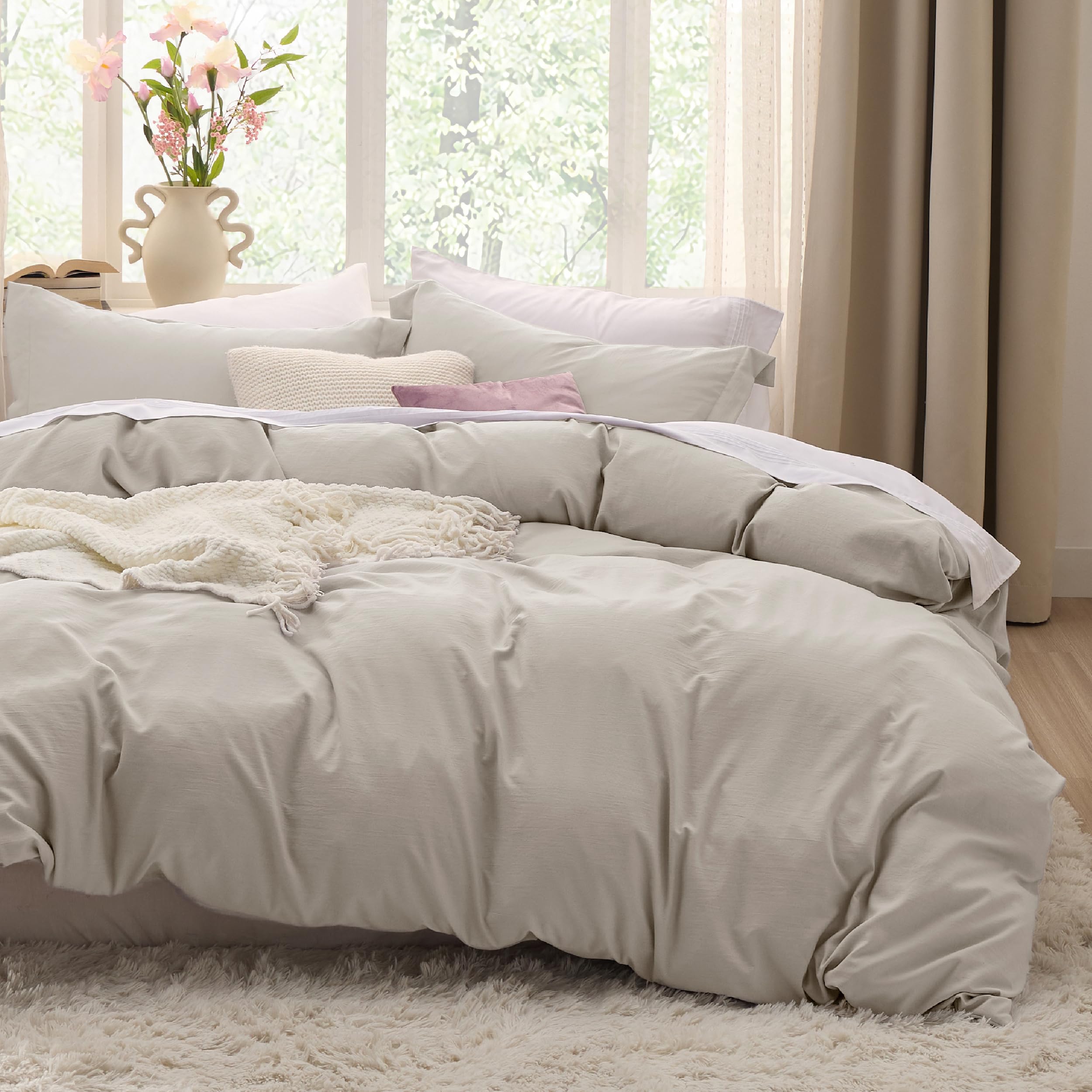 Bedsure duvet cover front view on bed showing smooth linen-like look and easy styling