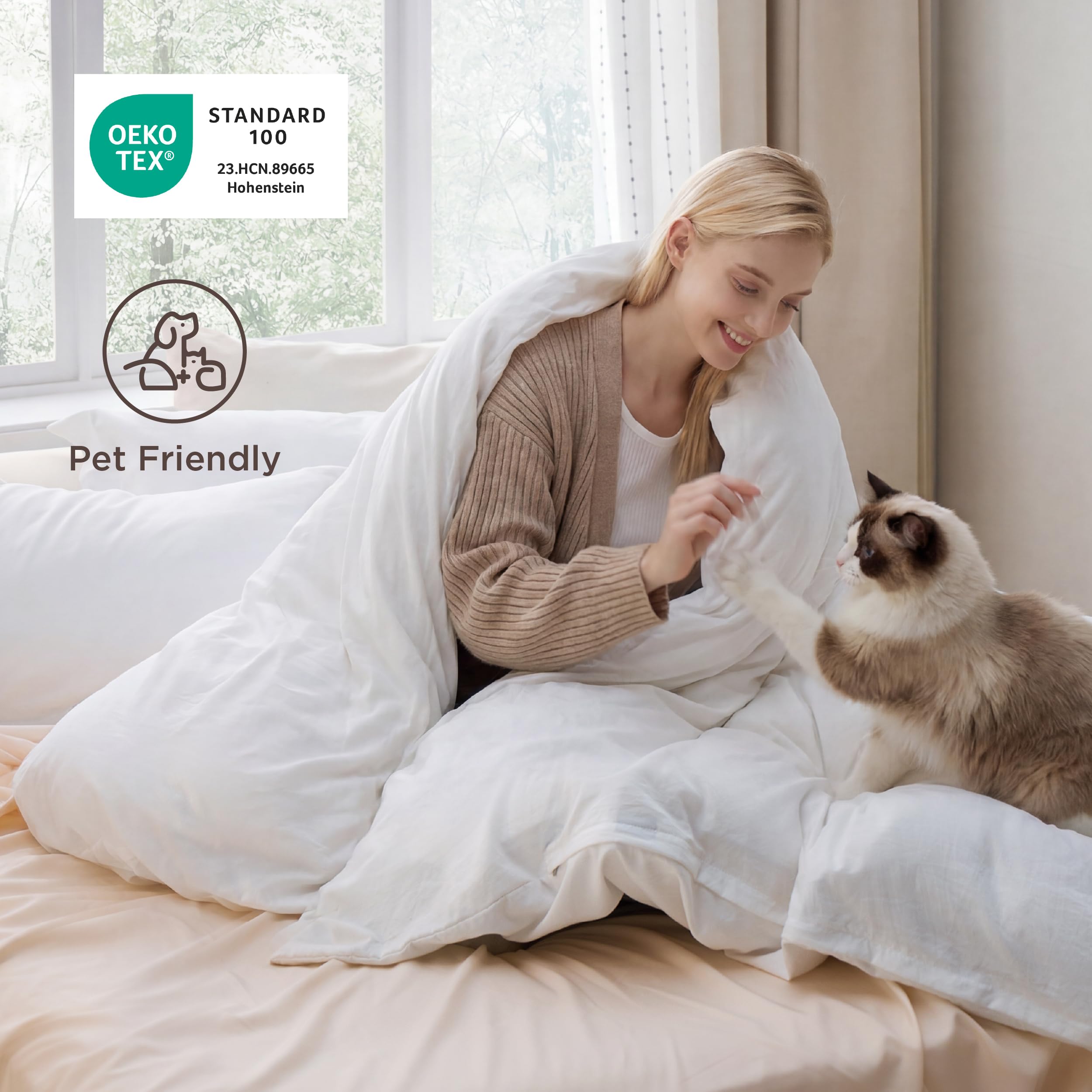 Bedsure fabric texture macro showing prewashed microfiber softness and breathable feel benefit