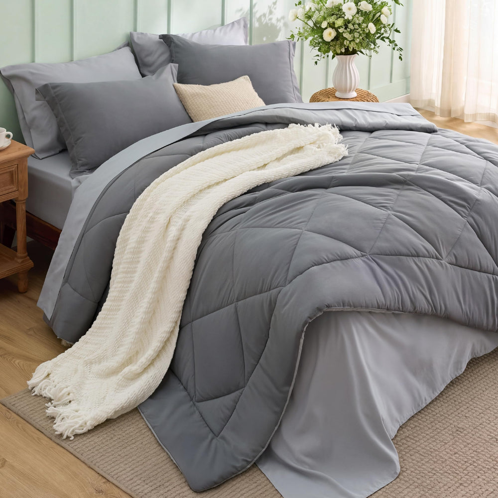 Bedsure front view of grey bed-in-a-bag showing complete set and neat packaging advantage