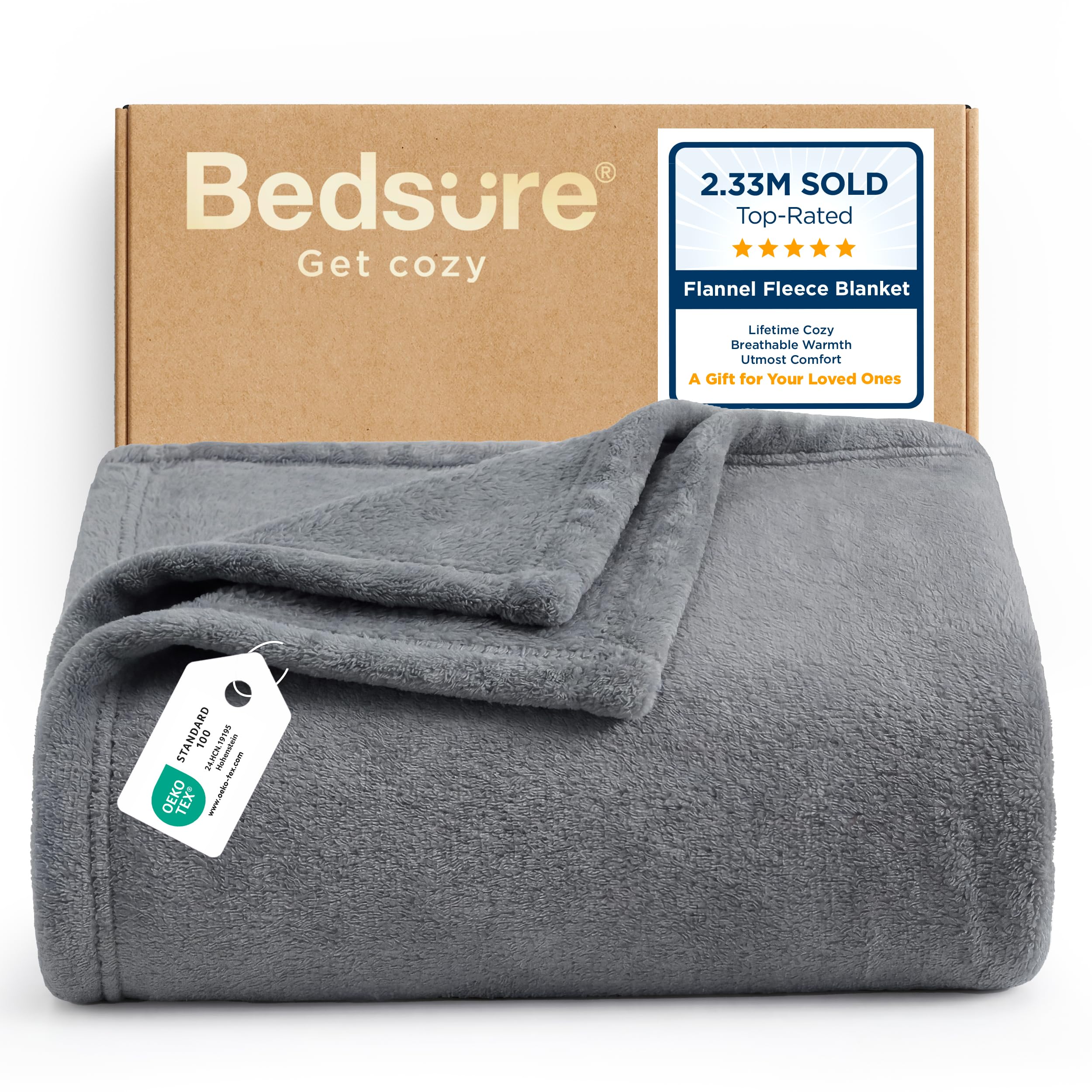 Bedsure grey throw front view showing plush comfort and cozy appeal