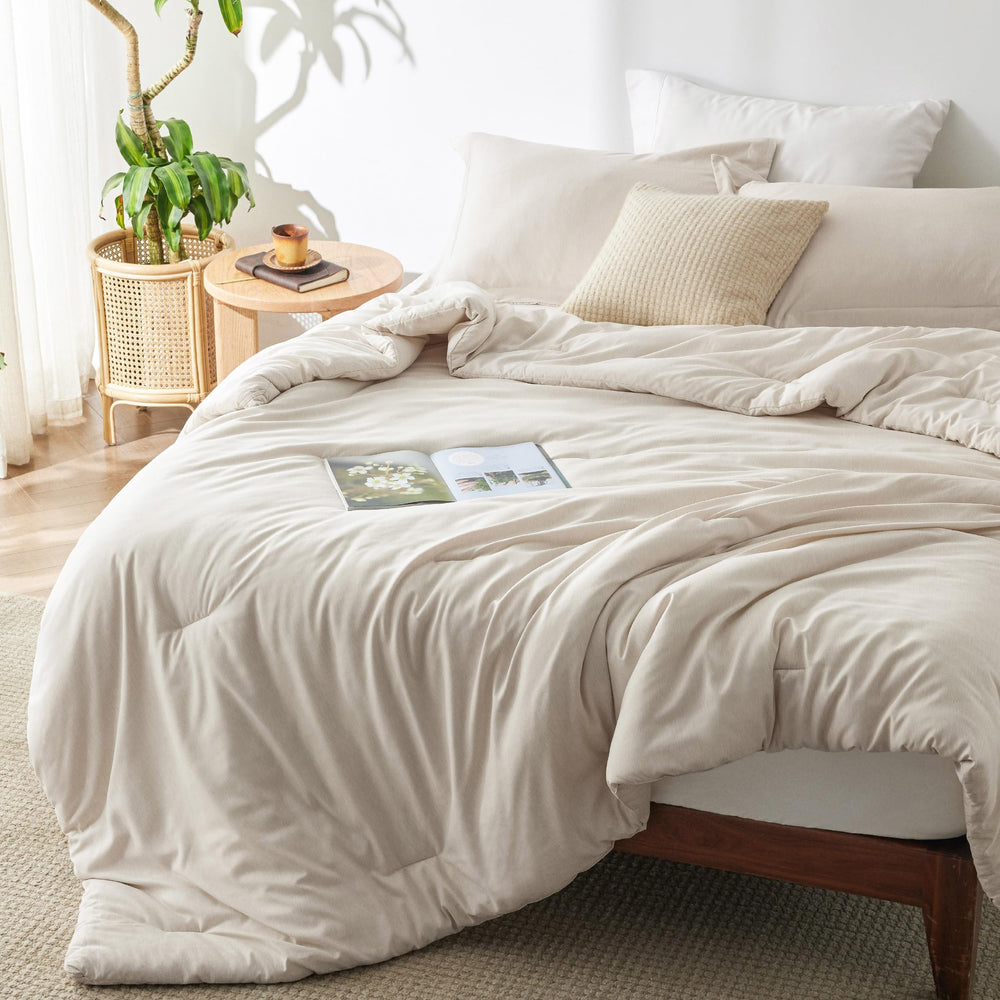 Bedsure king comforter front view showing full coverage and neutral beige benefit