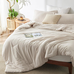 Bedsure king comforter front view showing full coverage and neutral beige benefit