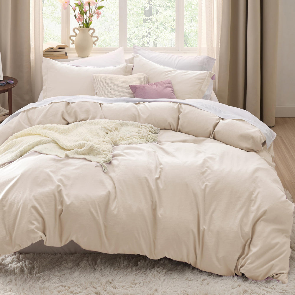 Bedsure king duvet cover front view showing cream color and neat fit
