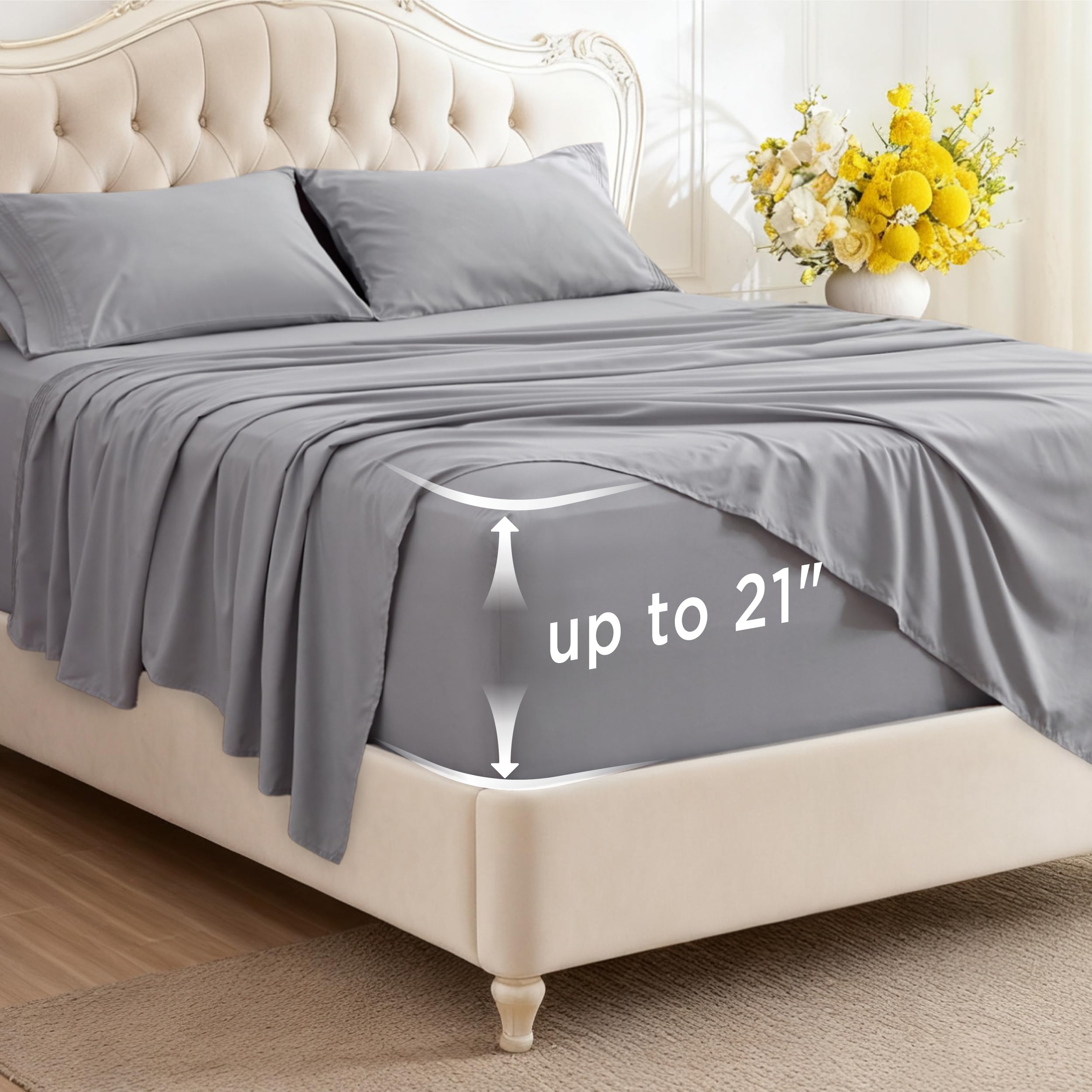 Bedsure front packaging showing light grey queen set and benefits