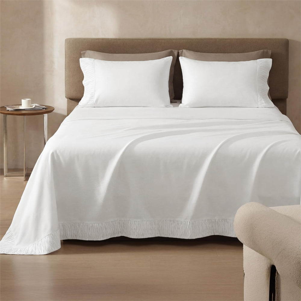 Bedsure sheets stacked with washing symbols showing easy-care durability and colorfastness