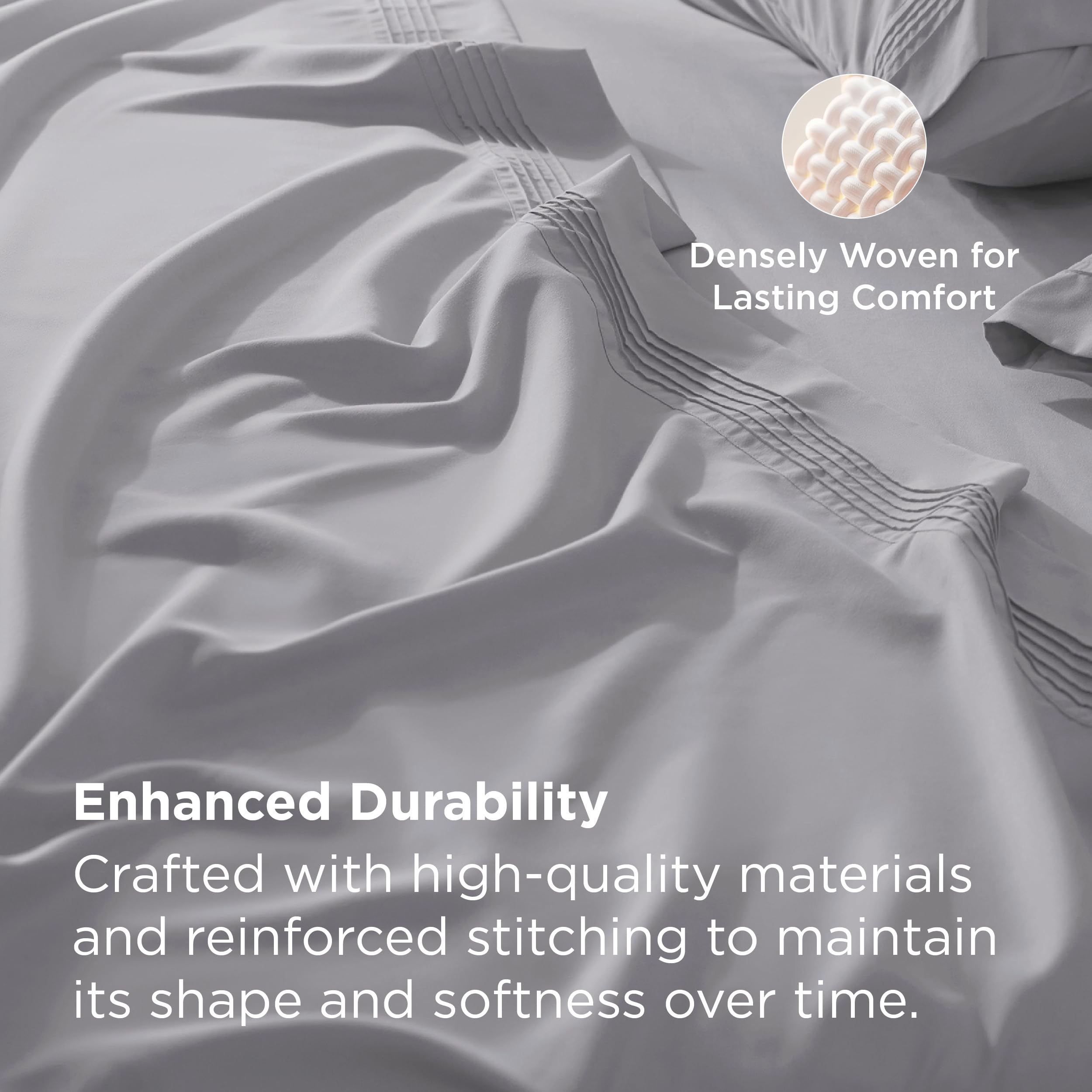 Bedsure queen sheets beside ruler showing 21-inch fit benefit