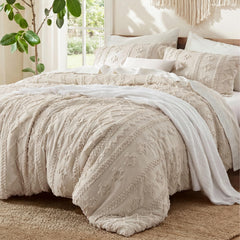 Bedsure front view of tufted boho comforter showing beige tone and elegant style