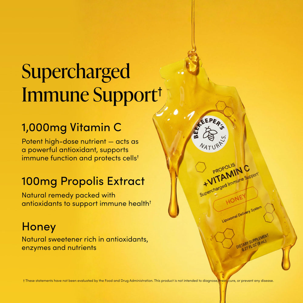 Beekeeper's Naturals propolis resin and bee imagery showcasing natural ingredients