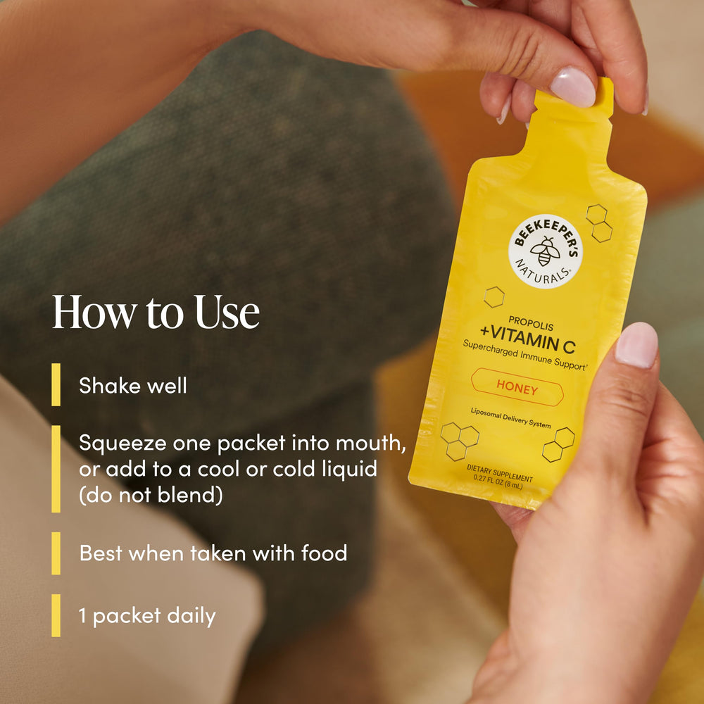 Beekeeper's Naturals packet held in hand showing portable on‑the‑go convenience